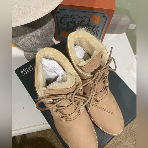 Eileen Fisher Womens 8.5 Alpine Earth Wedge Booties Shearling Lined Nubuck - Picture 5 of 10